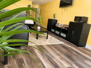 a living room with a couch and a tv at Torraille Waterfall Villas in Soufrière