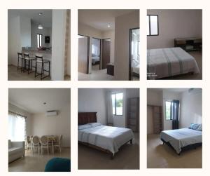 vier Bilder eines Zimmers mit zwei Betten und einer Küche in der Unterkunft Hermosa Casa de 4 habitaciones en Tixcacal, Mérida in Tixcacal