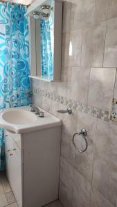 a bathroom with a sink and a mirror and a shower at LenPui I in Ostende