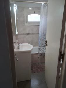 a bathroom with a sink and a shower with a window at LenPui I in Ostende