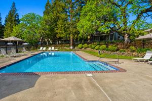 a swimming pool in a yard with chairs and trees at Spacious 2BR condo with pool, fireplace,at Silverado Country Club in Napa