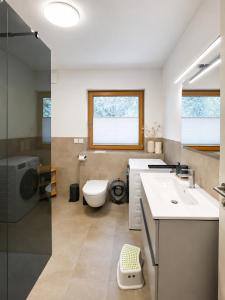 a bathroom with a toilet and a sink at Modernes Ferienhaus mit großer Küche, Terrasse & Garten in Bad Camberg +15 photos