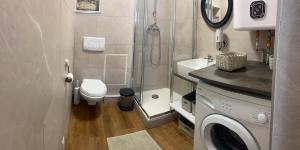 a small bathroom with a toilet and a shower at Jolie studio Saint CYPRIEN 100m de la plage commerce et animation in Saint-Cyprien +14 photos