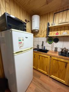 a white refrigerator in a kitchen with wooden cabinets at El Refugio Container in Futaleufú