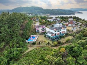an aerial view of a large house on a hill at Taean Napoli Pension in Seosan