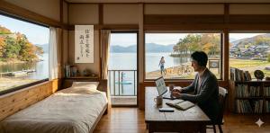 a woman sitting at a desk with a laptop in a room with windows at ペンションレークサイド in Otsu