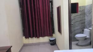a bathroom with a toilet and a red shower curtain at hotel shiv bliss inn Dibai in Dibai