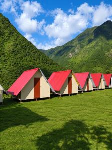 a row of colored tents in a field with mountains at Refugio Salkantay collpapampa in Colcapampa