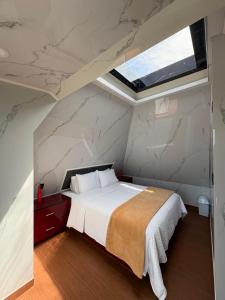a bedroom with a king sized bed and a skylight at Villas Safir en Valle de Gpe in Los Hornos