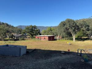a field with a red shed and a house at Waxberry Trailer by Kings Canyon and Sequoia National Parks in Squaw Valley