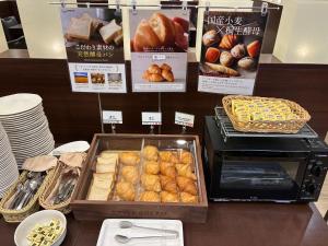 a display of breads and pastries in a bakery at Yumoto Noboribetsu in Noboribetsu