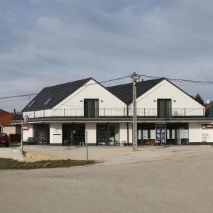 a large white building with a black roof at Viktória Vendégház in Eplény