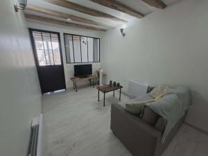 a living room with a couch and a tv at appartement calme et climatisé Chamaillard 2 in L'Ile-Bouchard