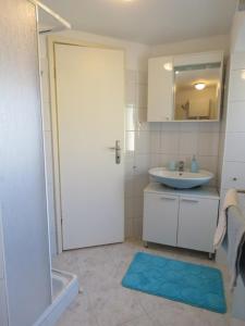 a bathroom with a shower and a sink and a mirror at Apartment Tireli in Labin