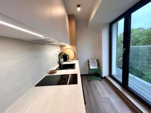 a kitchen with a sink and a large window at Apartmán podlesí in Havířov