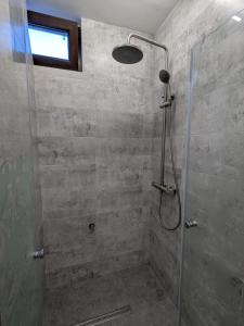 ein Badezimmer mit Dusche mit Glastür in der Unterkunft CasaGabri in Tarcău-Gheuca + 9 Fotos