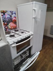 a white stove in a refrigerator with a painting at Les Coquillages in Essoyes