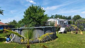 a garden with a house and a palm tree at Chez Elvis et Agnès, logement climatisé in Saint-Loup