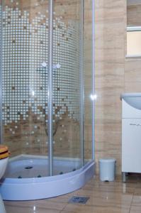 uma casa de banho com um chuveiro e uma banheira em Dumbrava Minunata em Brasov