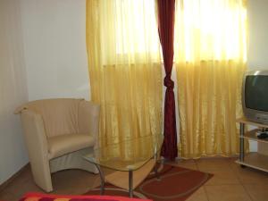 a living room with a chair and a television at Apartment OG 2 in Peine