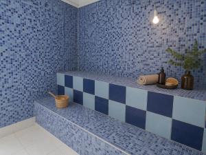 a blue tiled bathroom with a blue and white tile wall at Downtown Guest house in Santiago