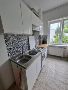 a kitchen with a sink and a stove at Pokoje na lato Gdynia in Gdynia