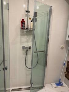 a shower with a glass door in a bathroom at Wygodny kąt in Tarnobrzeg