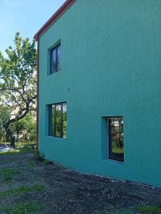 a green building with two windows on the side of it at LZ Green House in Telavi