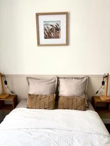 a bed with two pillows and a picture on the wall at appartement mauléon in Mauléon