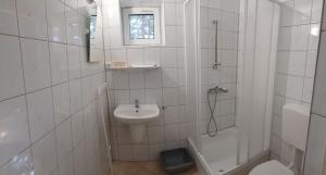 a bathroom with a sink and a toilet and a shower at Cyklami in Pobierowo