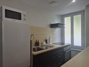 a kitchen with a sink and a microwave at Kergoat in Carhaix-Plouguer +6 photos