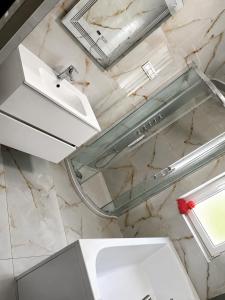 a bathroom with a white toilet and a sink at Móra Apartman in Pécs +6 photos
