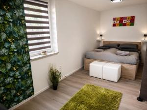 a bedroom with a bed and a window at Móra Apartman in Pécs
