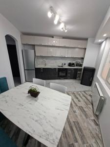 a kitchen with a large marble table and chairs at Studio Niki in Smolyan