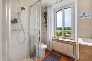 a bathroom with a shower and a toilet and a window at La Bourgerie in Saint-Aubin-des-Bois +19 photos