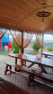 a group of picnic tables sitting under a pavilion at Cazare Nicoleta in Vadu