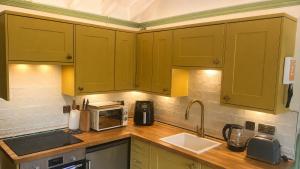 a kitchen with green cabinets and a sink at The Boathouse - Salcombe - Spring Time Tiny Home in Salcombe