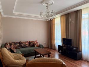 a living room with a couch and a tv at Little house Kazbegi in Kazbegi