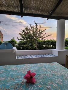 a bedroom with a table with a flower on it at Melania Home II in Filicudi