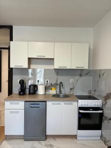 a kitchen with white cabinets and a sink at Bar holiday apartment Kastro in Bar