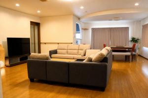 a living room with a couch and a television at Sumomo in Takayama