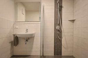 a bathroom with a sink and a shower at Ferienwohnung Bodensee 2 in Meßkirch +17 photos