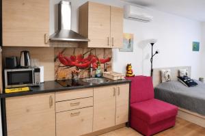 a kitchen with a sink and a red chair next to a bed at Honey Apartment in Moravske-Toplice