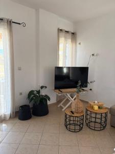 a living room with a flat screen tv on a wall at Kalomoira's Apartments in Elafonisos