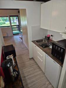 a small kitchen with white cabinets and a sink at Ferienwohnung Atelier in Siegsdorf +10 photos