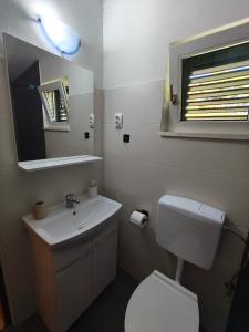 a bathroom with a sink and a toilet and a mirror at Apartment Miljenko Tomic 2 in Supetar