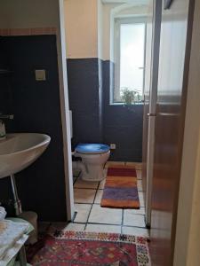 a bathroom with a toilet and a sink and a window at sleepandgo-selfcheckinout in Weißkirchen in Steiermark