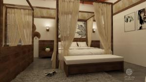 a bedroom with a canopy bed with a bench in it at Wild Nest Resort, Wayanad in Meppādi