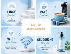 a collage of images with towels and a cup of coffee at Le Coin Soleil - Netflix - Insead in Fontainebleau