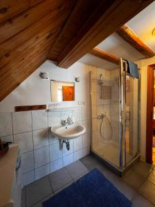 a bathroom with a sink and a shower at Skansen Gottwaldówka in Kąty Bystrzyckie